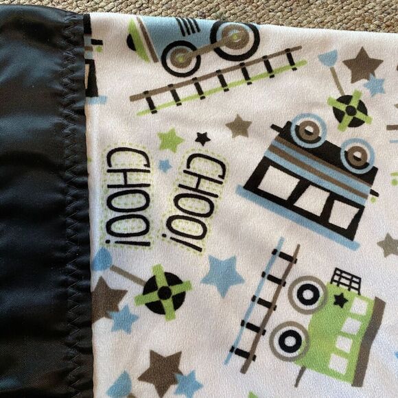 Baby Toddler Fleece Blanket Satin Black White Green Choo Choo Train Soft 30”x40” - Picture 2 of 5